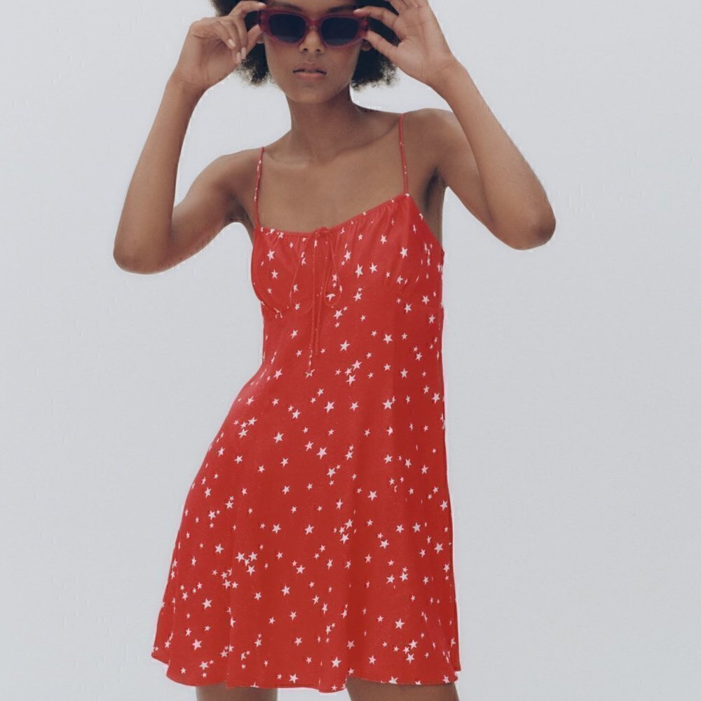 Zara Stars Spaghetti Straps Satin Red Mini Dress New Size XS